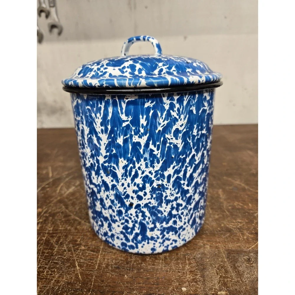 Vintage Blue White Splatter Enamelware Canister Set of 4 Lidded Nesting